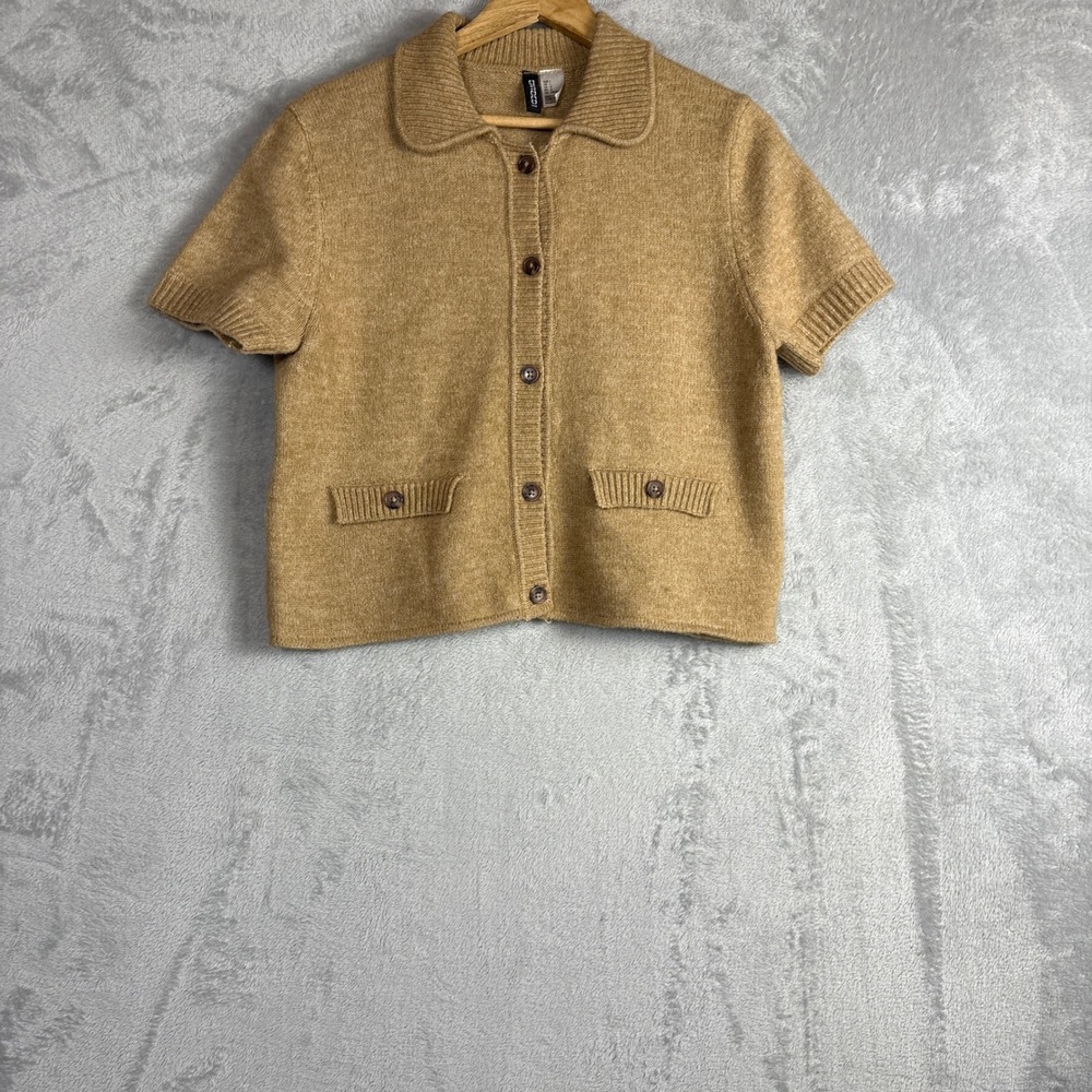 H&M Cardigan Short Sleeve Collared Sweater Large Tan Wool Blend Knit Preppy